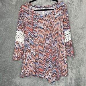 NY Collection XL Top Shirt Orange Striped Scoop Neck Bell 3/4 Sleeve Stretch